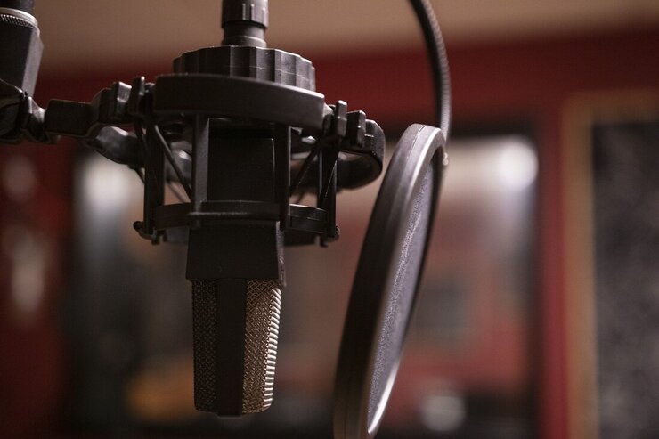 podcasting microphone in a shock mount with a pop filter